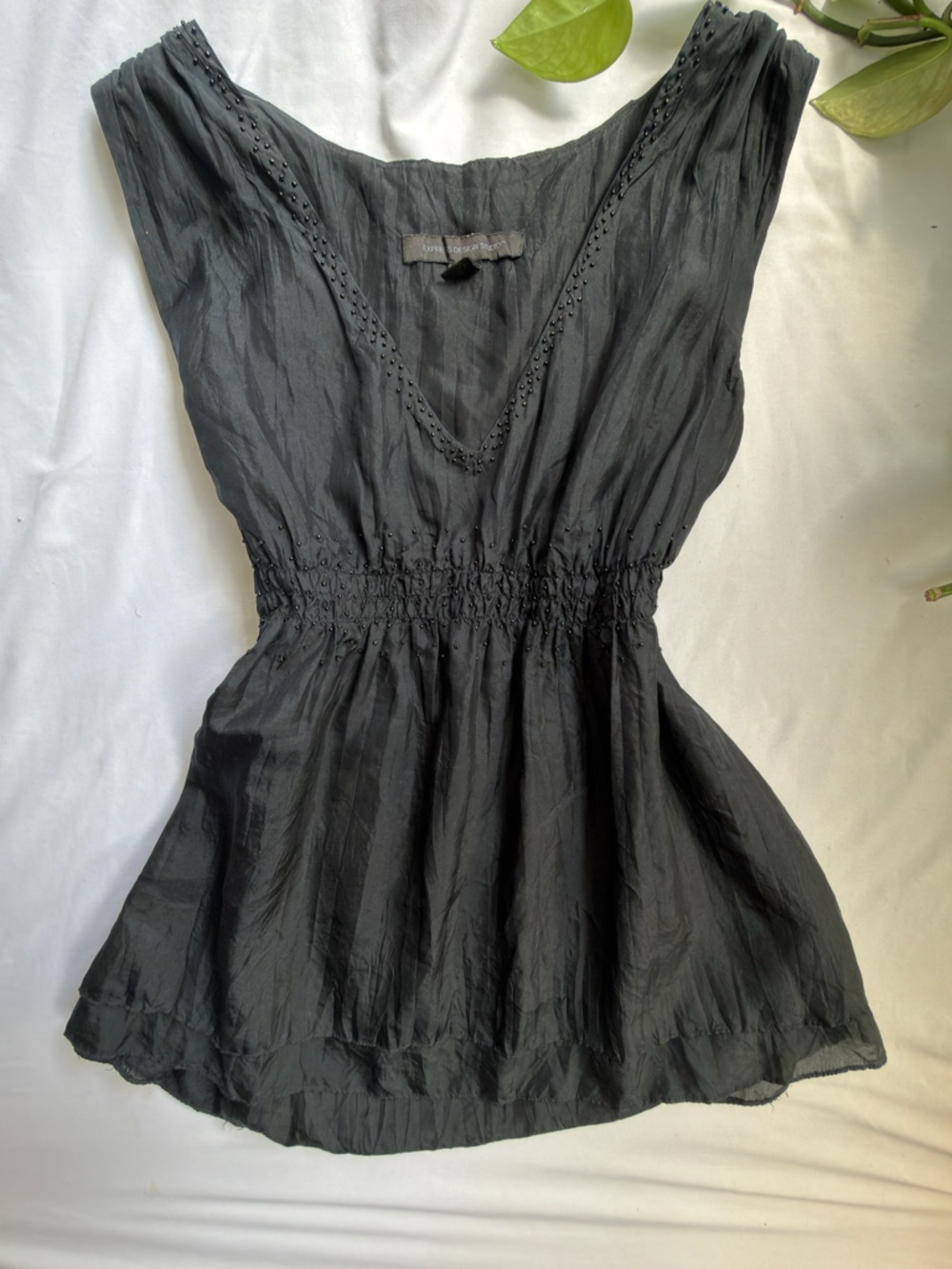 Express Black V-Neck Smocked Waist Sleeveless Top